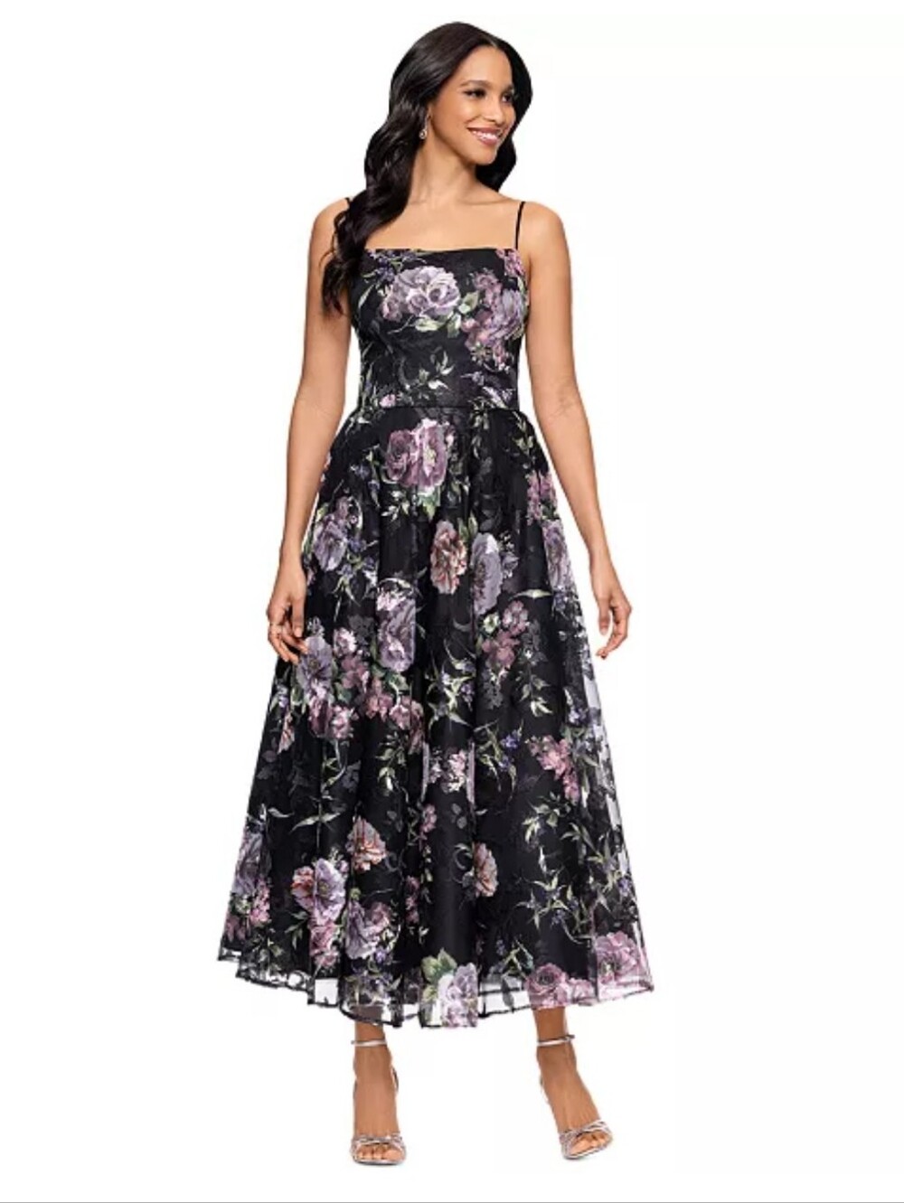 NWT Betsy & Adam Black Floral Maxi Dress Size 10 Formal Evening Mesh Midi $299